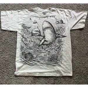 Vintage 90s Shark Fish AOP All Over Print Art T Shirt Grey Black‎ USA Size XL